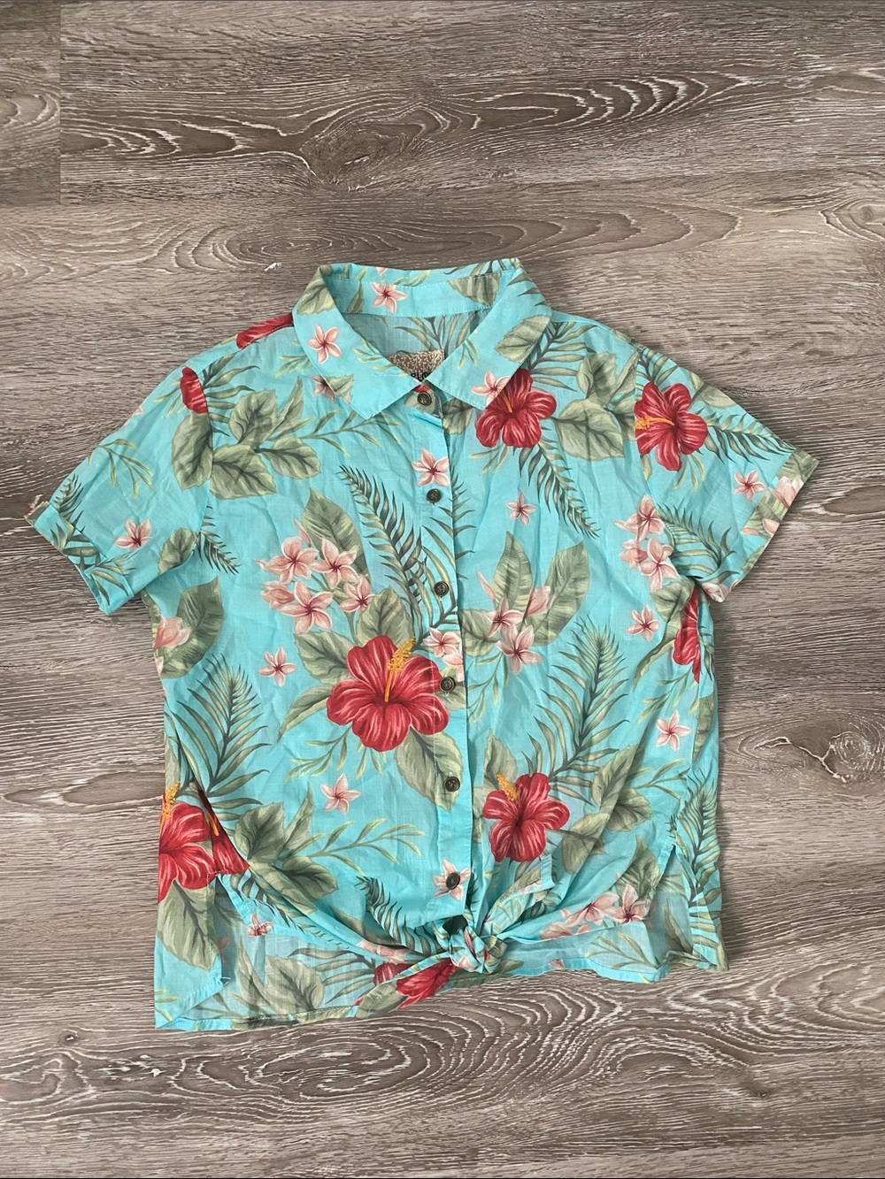 Harlow Turquoise Floral Button-Down Shirt with Red Hibiscus